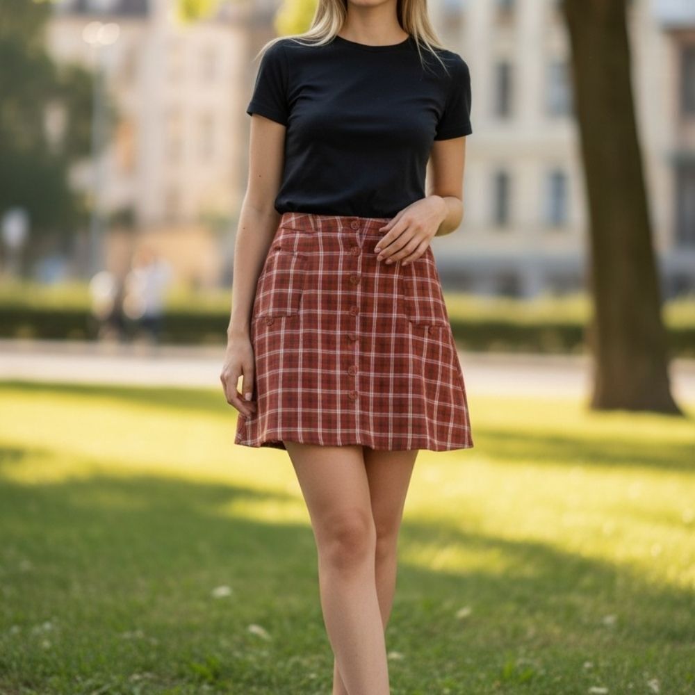 Zara Trafaluc Rust Plaid Flannel A-Line Mini Skirt
